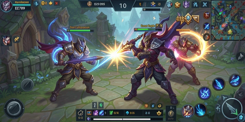 Screeshot EE789 menampilkan aksi pertempuran yang intens di arena MOBA.