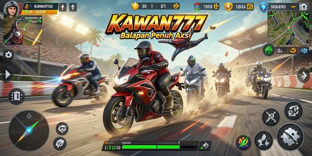 Gameplay KAWAN777 yang menampilkan balapan motor yang mendebarkan.