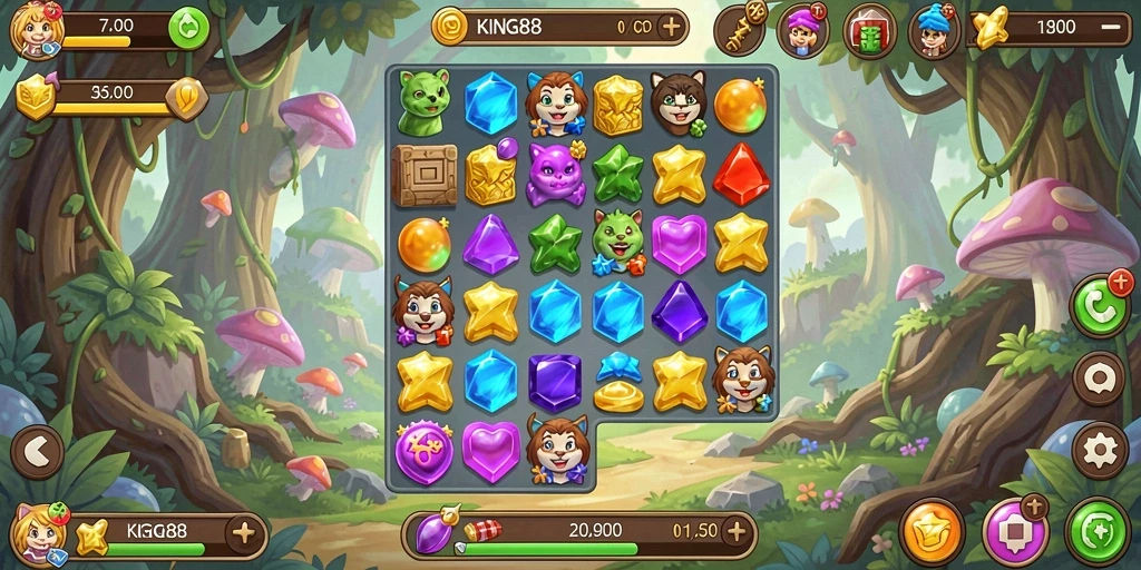 Tampilan gameplay KING88 dengan permata warna-warni yang menantang.