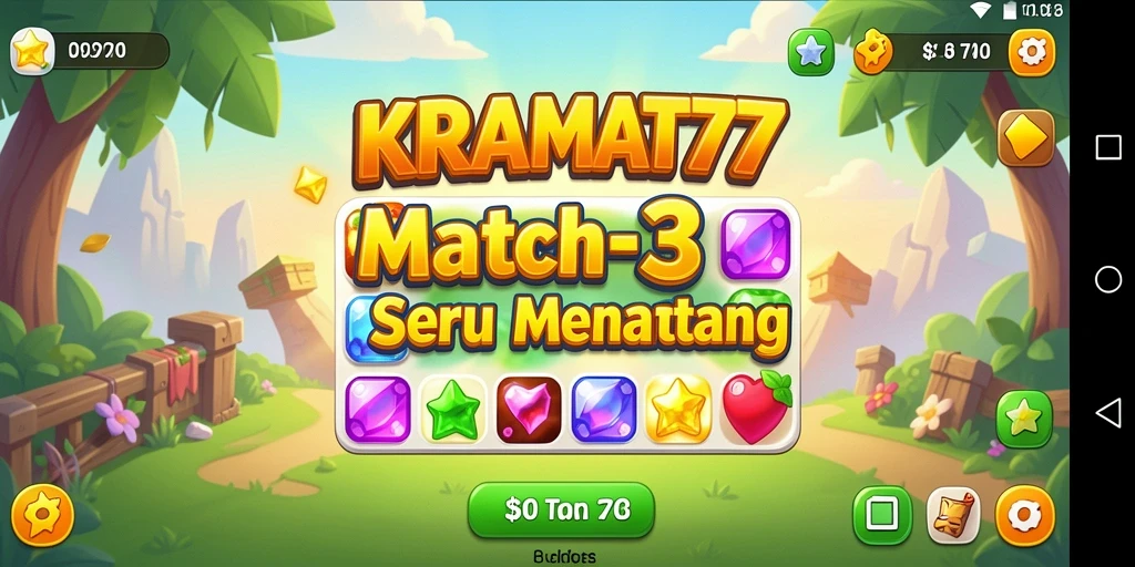 Tampilan gameplay KRAMAT77 dengan objek match-3 yang cerah dan penuh aksi.