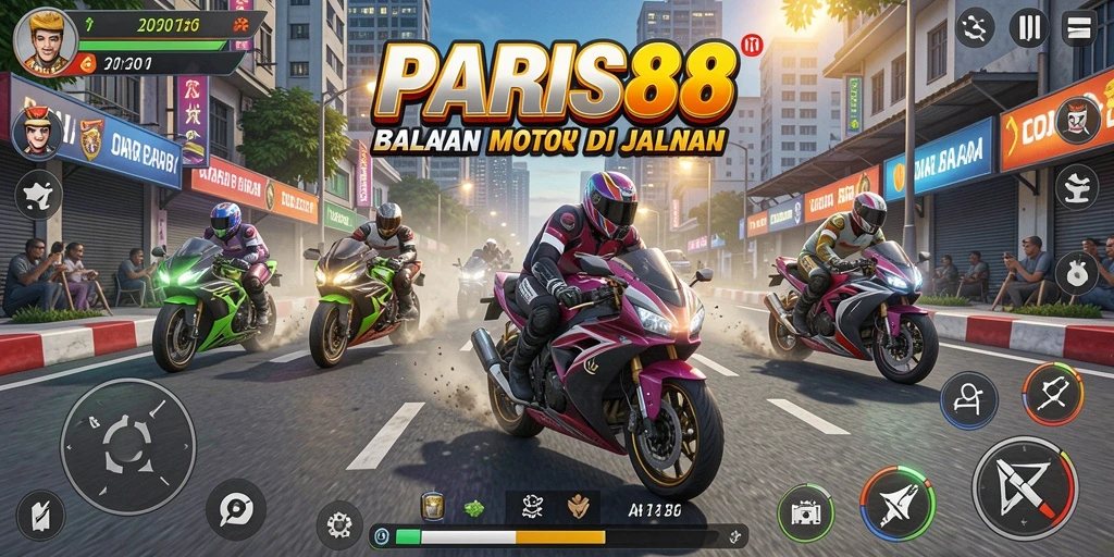 Screenshot gameplay PARIS88 menampilkan balapan motor yang seru.
