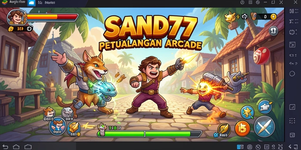 Tangkapan layar SAND77 menampilkan karakter melawan berbagai rintangan dalam gameplay Arcade.